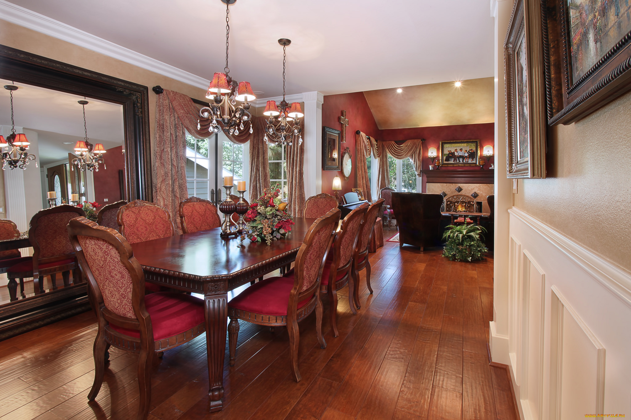 , , dining, room, , , , style, flowers, chandeliers